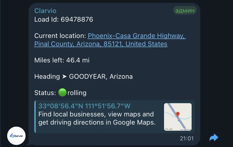Clarvio message in a Telegram group: load 69478876, current location on the Phoenix–Casa Grande Highway, 46.4 miles left, heading to Goodyear, Arizona, status rolling.